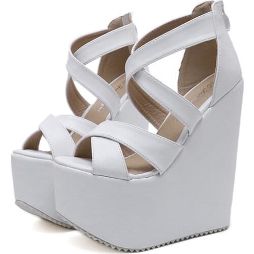 17cm High Heels Platform Wedges Shoes Black High Heels With Cross Straps Ladies Platform Shoes Ultra Heels Chunky Heel Shoes