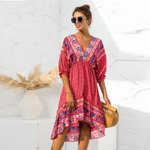 Vintage Floral Print Boho Irregular Midi Dress Summer New Women Casual High Waist Sexy Backless Lace Up Decor Holiday Vestidos