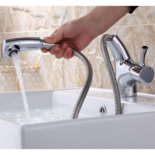 Pull Out Bathroom Basin Sink Faucet Single Handle Hot and Cold Water Crane Vessel Chrome Finished Sink Mixer Tap 2172