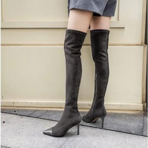 Suede Black Nude Woman Patent Leather Pointed Toe Slim Zipper Thin Heels Over The Knee Thigh Long Boots Lady Drop Shipping