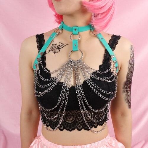 Punk Body Chain Harness for Women Green Faux Leather Chest Harness Belt Gothic BDSM Bondage Lingerie Suspenders Rave Clothes New