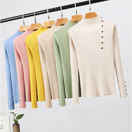 Spring Autumn Knitted Sweater Women Turtleneck Long Sleeve Pullover Tops Korean Style Button Slim Jumper Soft Chic Sweaters