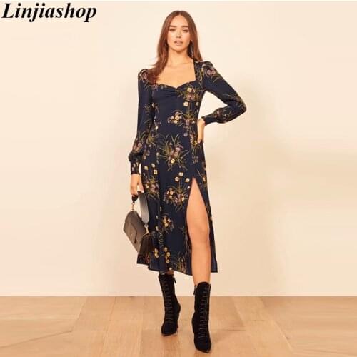 Elegant square collar floral print midi dress women boho high waist long sleeve zip party dress