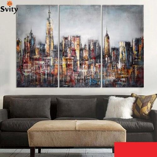 Modern Style Abstract Oil Painting Canvas Retro City Landscape Oil Pictures Decorative Painting Wall Art No Frame 3 Piece