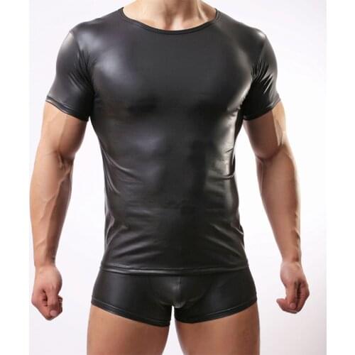 Plus Size Strong Mens Hot Sexy Faux Leather Black T-shirt Short-sleeves Tops For Male Gay Wear T Shirts Mens Undershirts New
