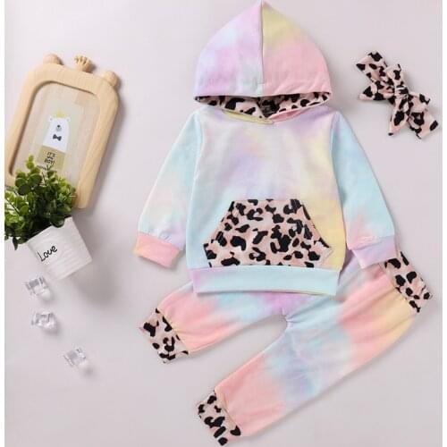 Kids Outfits Baby Girl Clothes Set 3 Piece Tie Dye Patchwork Leopard Print Long Sleeve Hooded Sweater Tops+trousers+bow Headband