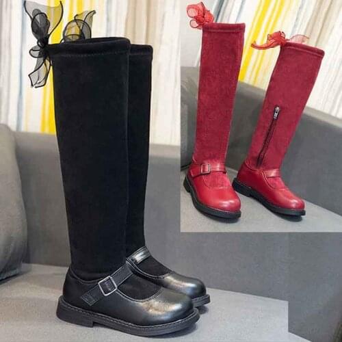 Girls Knee-high Long Boots PU+Suede Leather Kids Fashion Winter Spring Boots Slip-resistant Princess Flat Dress Shoes size27-36