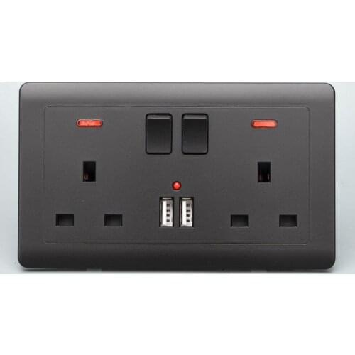Double Wall British Plug Socket 2 Gang 13A with 2 USB Charger Port Outlet Black