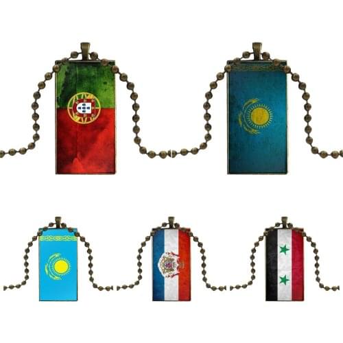 Kazakhstan Flag Other Country Flags Design Fashion Vintage Glass Women Rectangle Necklace Pendants For Girls Gifts