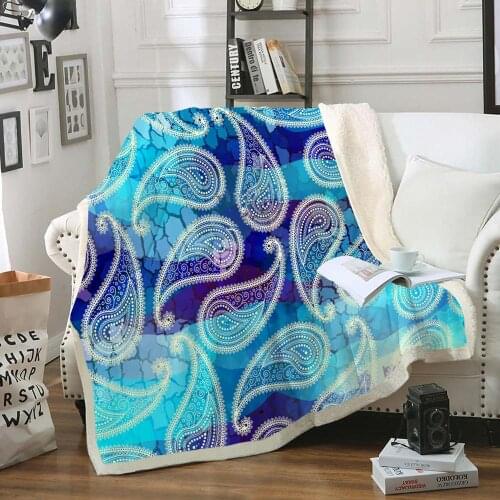 Paisley Sherpa Flannel Fleece Blanket Bohemia Cozy Throw Blanket Blue Floral Fur Bed Blanket Art Print Thin Quilt
