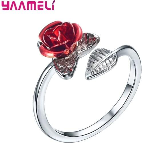 Gorgeous 3 Color Twist Plant Flower Open Ring For Women Bride Romantic Big Red Rose Ring For Wedding Engagement