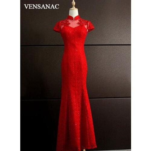 VENSANAC Lace Appliques High Neck Crystal Mermaid Long Evening Dresses 2018 Sequined Short Sleeve Party Prom Gowns