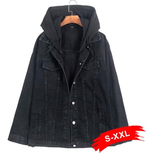 Spring Women Boyfriend Oversized Black Jeans Jacket 2Xl Xxl Hooded Long Sleeve Casual Loose Denim Jackets Chaquetas Mujer
