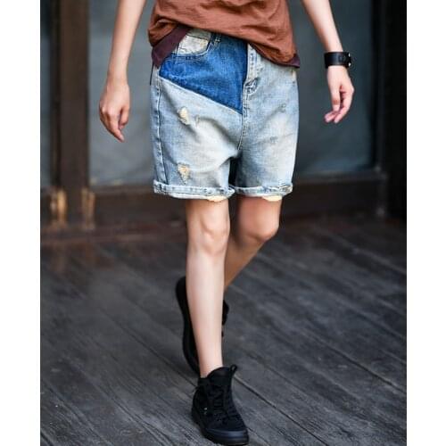 MICOCO N6022 Literature and art loose spell color broken hole straight tube BF five minutes of foreign style cowboy shorts