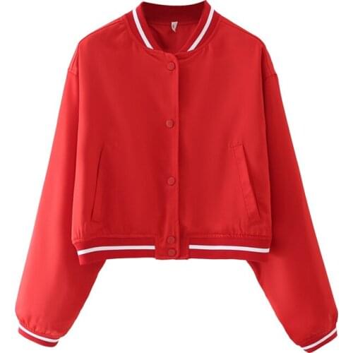 YENKYE Fashion Women Ribbed Edges Red Baseball Jacket Female Stand Collar Single Breasted Casual Loose Crop Outerwear Autumn Top