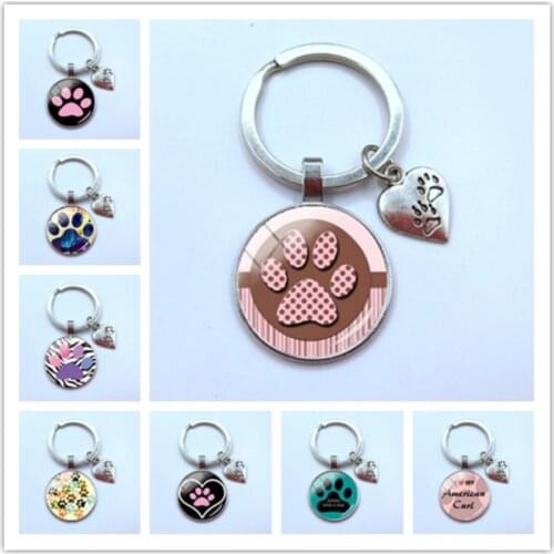 Fashion cute animal paw print keychain cat dog I love glass pendant mini heart keyring car key man girl favorite gift souvenir