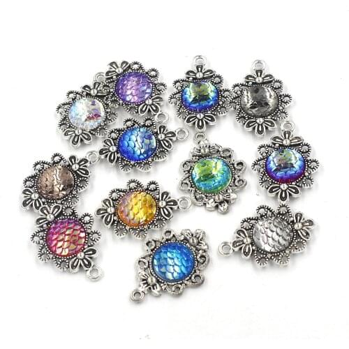 MRHUANG 10pcs 12MM Scale Pendant charm Cabochon Setting Lace Flower Pendant DIY Jewelry Making Accessory Vintage Silver