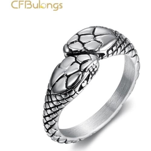 CFBulongs Unique Double Snake Head Thai Silver Color Mens Ring Vikings Scandinavian Snake Head Ring For Men And Women Jewelry