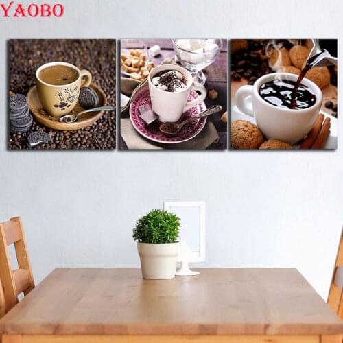 3 pcs Diamond Painting Full Square Chocolate Coffee Cup Spoon Pictures Diamond Embroidery triptych 3d Cross Stitch Home Decor