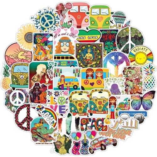 50Pcs Retro Hippies Graffiti Stickers Love And Peace Bus Waterproof Decals For Car Laptop Luggage Skateboard Diary Sticker