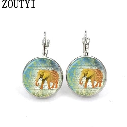 New/glamorous animal elephant pattern photos, convex glass inlay earrings, feminine decoration
