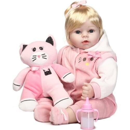 NPK 55cm cloth body soft silicone doll bebe reborn baby girl in pink Kitten dress set lifelike flexible baby dolls