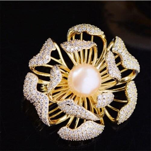 OKILY 2021 Trend Fower Brooches for Women Fresh Water Pearl Brooch Fashion Zircon Lotus Pins Jewelry Accessories Decoration