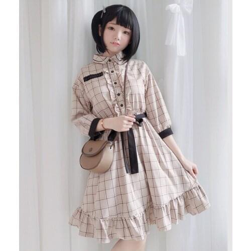 2019 Autumn Plaid Checks Beige Three Quarter Sleeve Dress Cute Womens Waist Belt Dress Ruffles Trim