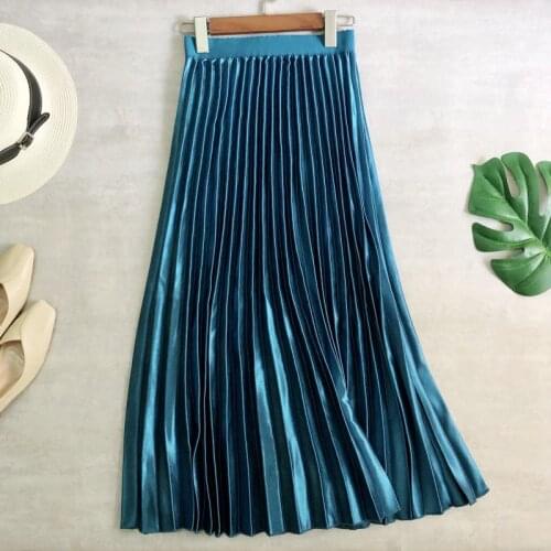 Autumn Metallic Long Pleated Skirts Solid Satin Drape A-line Ankle Long Skirts Blue Green Burgundy Red