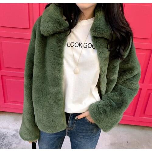 Korean Style Green Women Faux Fur Coat Women Plus Size Warm Solid Outwear Fashion Lapel Collar Long Sleeve Autumn Winter Coat
