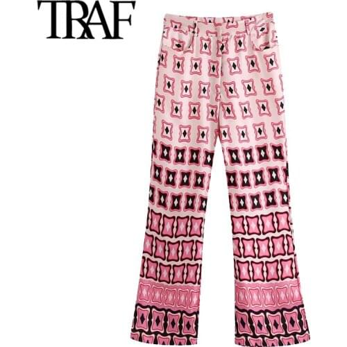 TRAF Women Chic Fashion Geometric Print Side Vents Midi Dress Vintage Long Sleeve Back Zipper Female Dresses Mujer