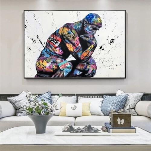 Graffiti Le Penseur Sclupture Canvas Painting Posters and Prints Portrait of Thinker Wall Art Pictures for Living Room Cuadros
