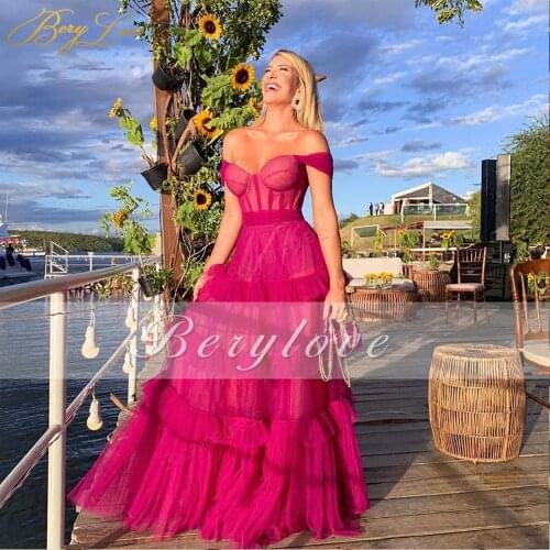 Pink Tulle A-Line Evening Dress Long Prom Gown Tulle sweetheart Formal Party Dress off the shoulder Ruched Bodice Prom Dresses