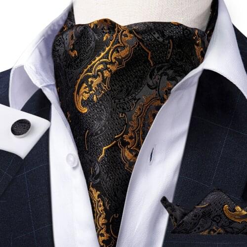 Mens Vintage Luxury Gold Black Paisley Silk Necktie Cravat Ascot Scrunch Self Tie Ascot Pocket Square Set Wedding Party DiBanGu