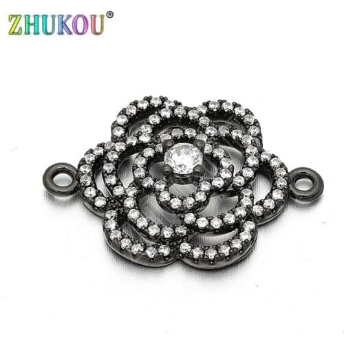 18*25mm Brass Cubic Zirconia Crystal Flower Charms Connectors for Diy Jewelry Findings, Hole: 1.6mm, Model: VS46