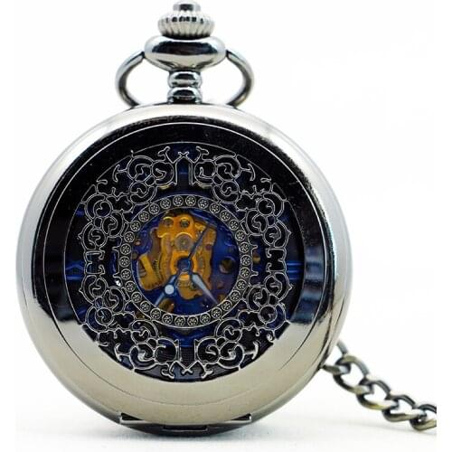 Vintage Black Mechanical Pocket Watch Retro Dragon Phoenix Hand Winding Hollow Fob Watch Men Women Necklace Chain Gift