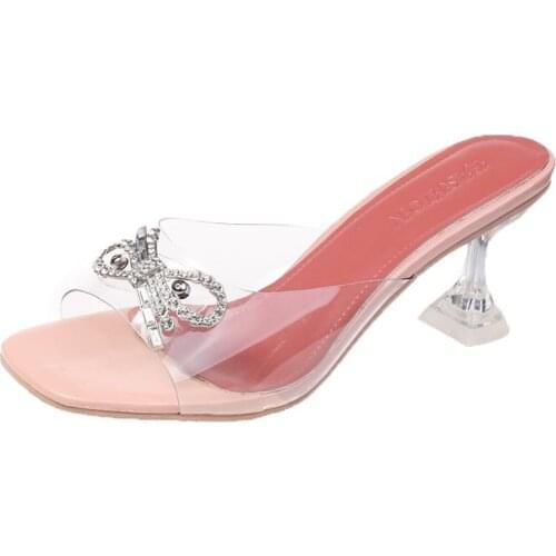 2021 New PVC Transparent Crystal Sun Flowers Buckle Womens Slippers Summer Square Toe Ladies Strange High Heels Sandals Shoes