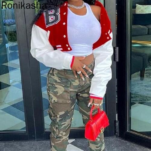 Ronikasha Woman Tracksuits Letter Print Striped Embroidery Jacket Crop Top Fall Winter Casual Oversize Y2k Fashion Baseball Coat