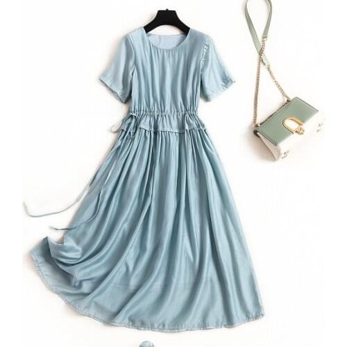 2021 Summer Fashion Solid Color O Neck Raglan Sleeves Drawstring Waist Bow Tie Temperament Elegant Tencel Dress