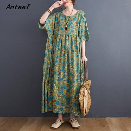 Short sleeve cotton vintage floral dresses for women casual loose long woman summer dress elegant clothes 2021