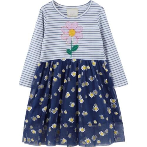 2-7Years Childrens Clothing Girls Mesh Patchwork Stripe Dresses Baby Kid Sequins Flowers Cotton Dress Toddler Princess Costums