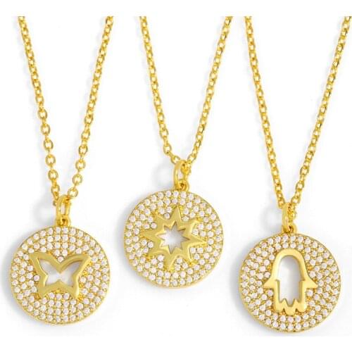 EYIKA Luxury Gold Filled Zircon Round Fatima Hand Small Pendant Necklace for Women Cute Star Butterfly Lock Collier Jewelry Gift