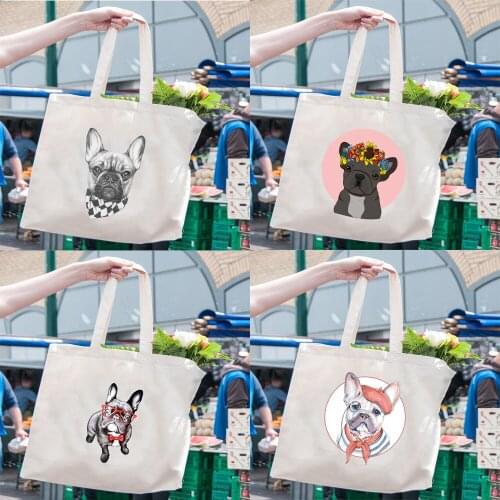 Frenchie French Bulldog Print Reusable Shopping Bags Canvas Shoulder Bag Tote Pouch Kawaii Harajuku Travel Large Capacity Bag