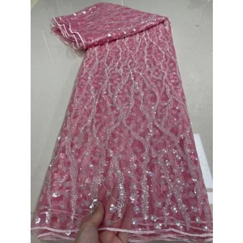 French Tulle Lace Fabrics 2021 Luxury Sequins Embroidery African Mesh Net Lace Fabric Elegant Pink Tulle Lace For Dress Party