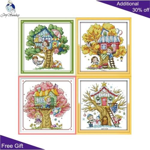 Joy Sunday Spring Summer Autumn Winter Tree House Home Decor C939 C951 C952 KB138 Counted Stamped Four Season Trees Cross Stitch