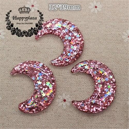 10pcs Kawaii Resin Glitter Pink Moon Flatback Cabochon Art Supply Decoration Charm Craft DIY Accessories,32*39mm