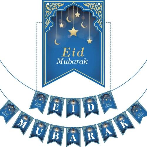 2021 Eid Mubarak Blue Banner Party Decorations Supplies Islam Muslim Ramadan Home Deco Wall Hang Banner Eid al-Fitr Party