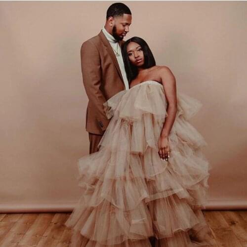 Pretty Tulle Women Dresses To Birthday Party Ruffles Tiered Long Tulle Dresses 2021 Plus Size Elastic Tulle Robe