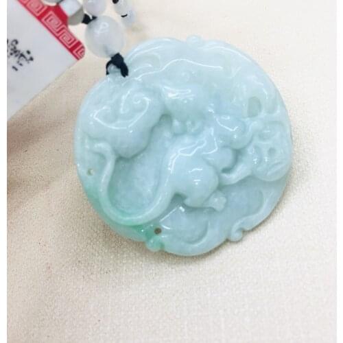 Pure natural Emerald jade hand-carved light green rat zodiac pendant three-color jade bead necklace sweater chain