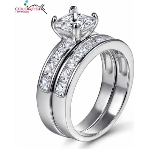 COLORFISH 925 Sterling Silver Luxury 6mm Simulated Diamond Weddin Ring Sets Princess Shape Sona Engagement ​Jewelry For Women